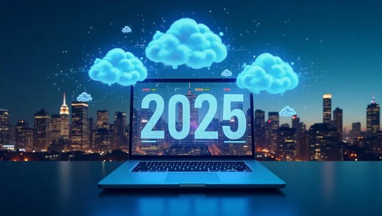Cloud computing 2025 over USA skyline with laptop dashboard