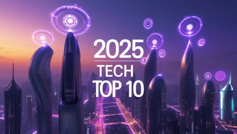 Futuristic USA skyline with glowing AI holograms and 6G towers at sunset