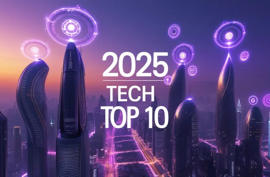 Futuristic USA skyline with glowing AI holograms and 6G towers at sunset