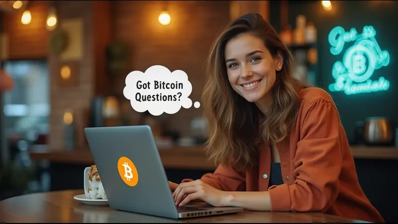 Young woman in a San Francisco coffee shop answering Bitcoin for Business questions.