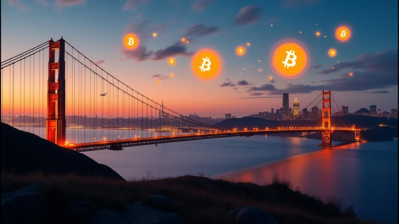 San Francisco skyline with Bitcoin symbols, showcasing the shifting landscape of San Francisco tech.
