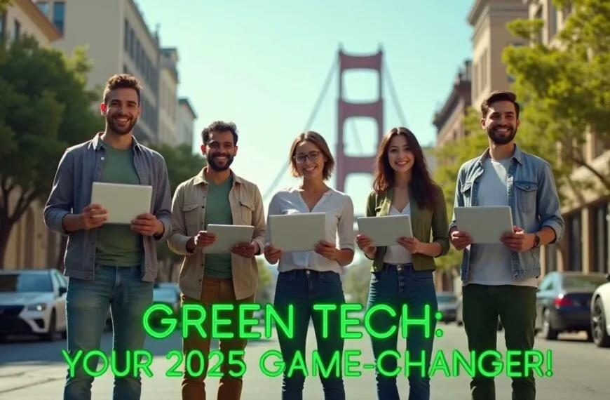 Diverse group of business owners with green tech solutions like solar panels and an Aptera vehicle in San Francisco, igniting growth in 2025.