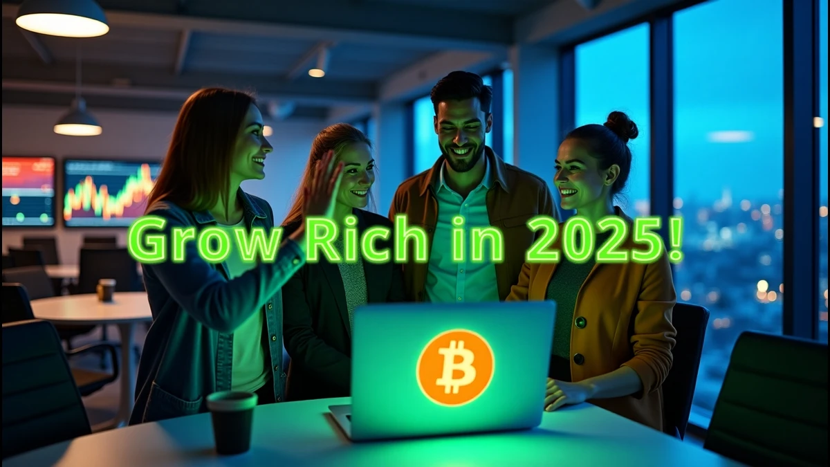 Young professionals celebrating Bitcoin for Business success in a San Francisco office with a city skyline.
